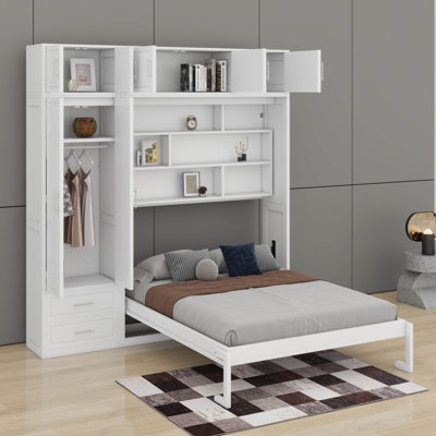 Grand lit escamotable mural avec armoire supérieure, tablettes et garde-robe