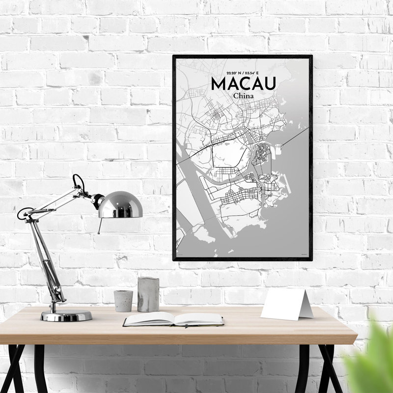 Macau, carte de la ville, impression, Gris / blanc, H 36 po x l 24 po