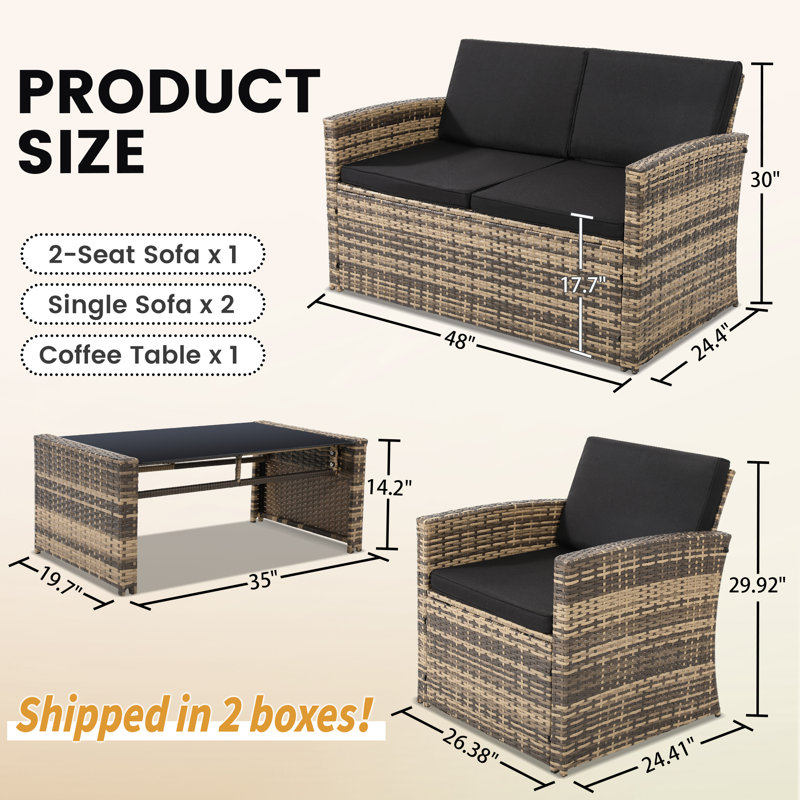4-Piece All-Weather Wicker Patio Set – Rattan Sectional Sofa with Cushions and Glass Table, Natural Frame/Black Cushion