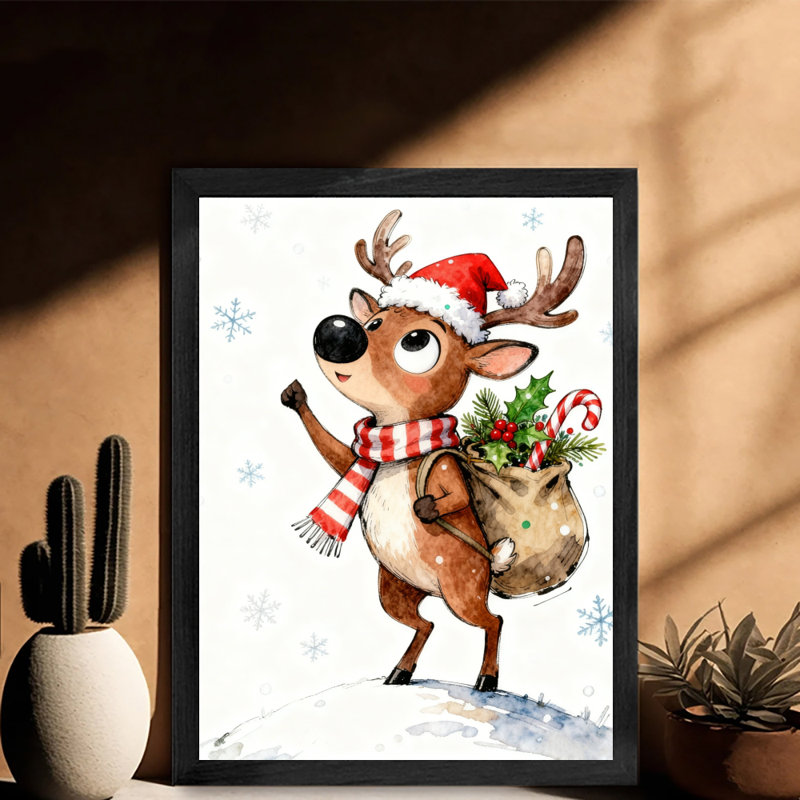 Noir rétro encadré noir de Noël, aquarelle drôle de cerf, impressions encadrées de style rétro, H 37 po x l 25 po