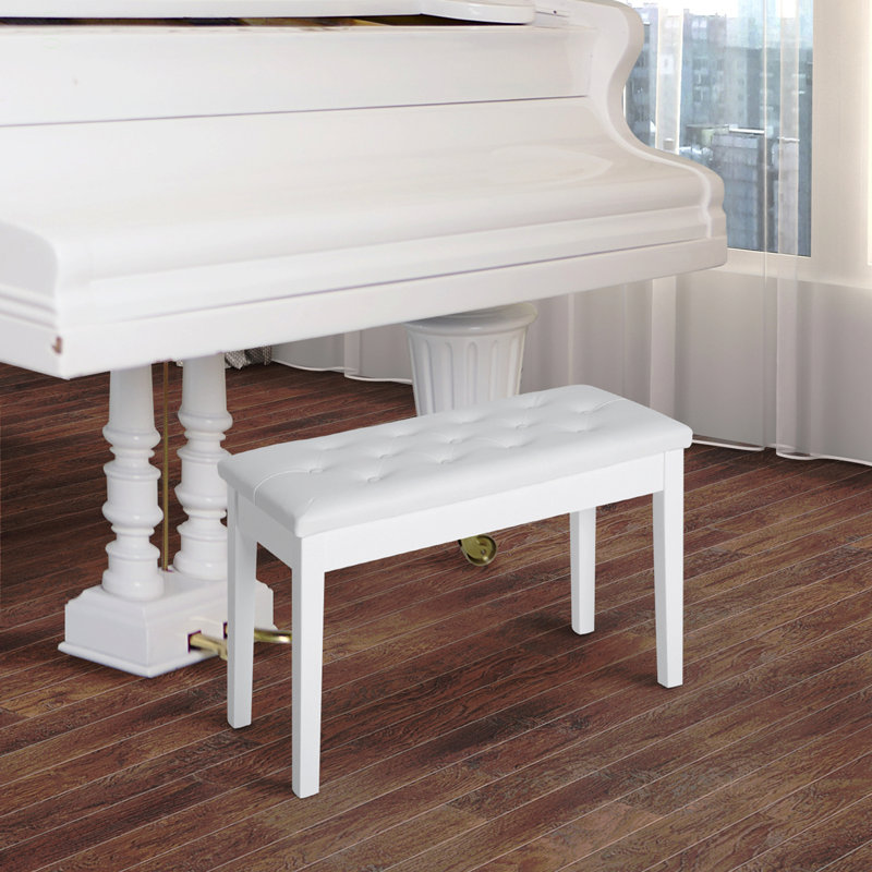 Piano Bench, Duet Piano Chair With Faux Leather Padded Cushion And Wooden Frame, Button Tufted Keyboard Bench, White