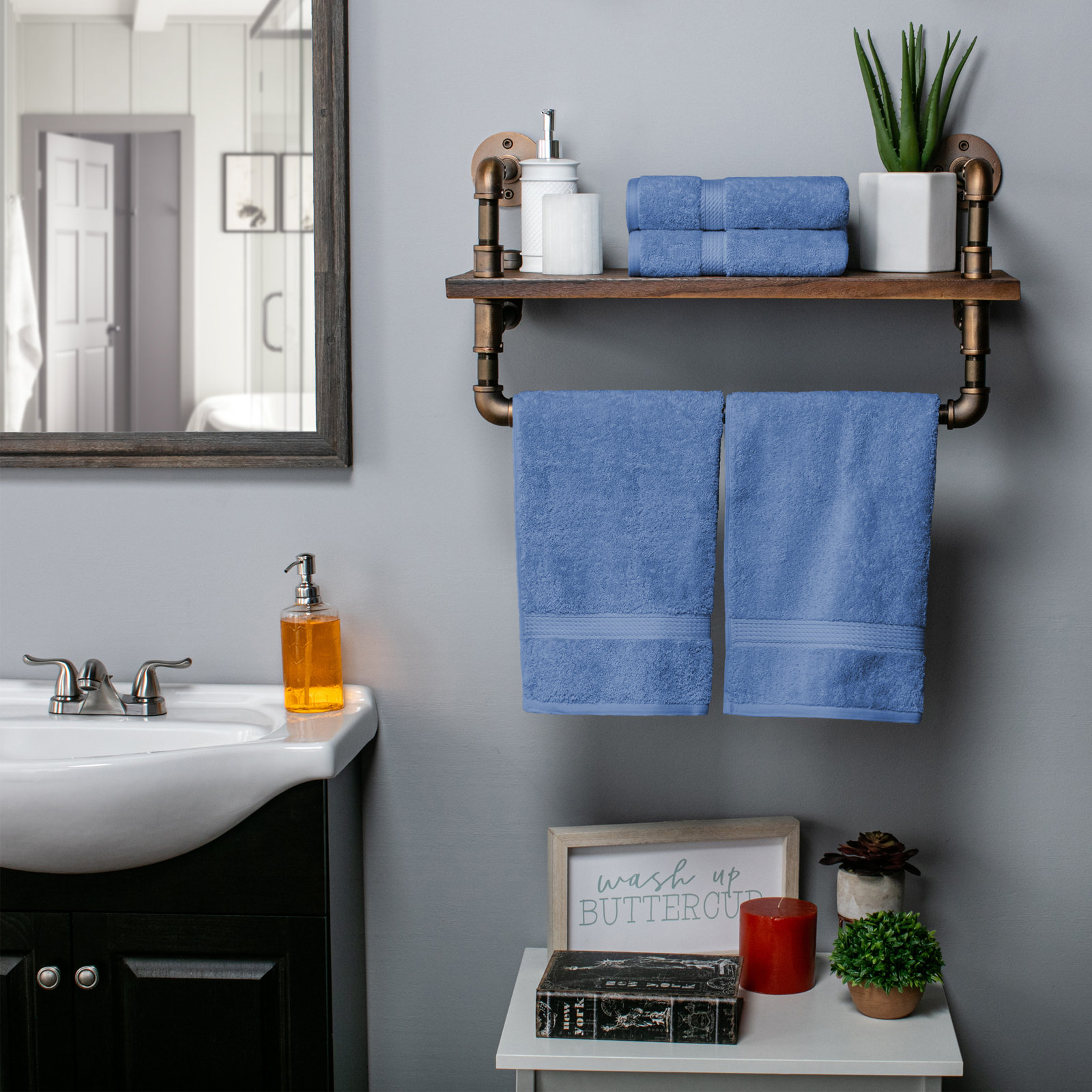 Egyptian Cotton Hand Towels, Denim Blue