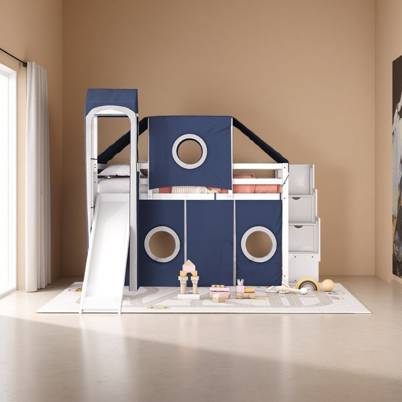 Lit mezzanine avec tente et tour, Bleu, Lit double