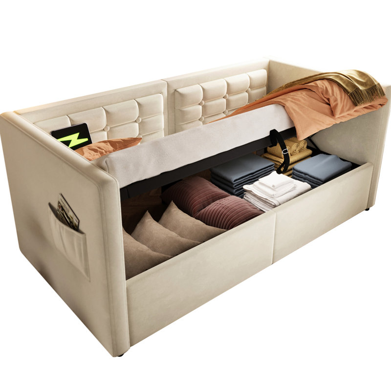 Beige Velvet Upholstered Twin Daybed With Hydraulic Storage Bed Frame, Type - C Charging, Wooden Slats, And Back, Ideal For Student Dormitories Frame & Daybed, Storage, Back Functionality