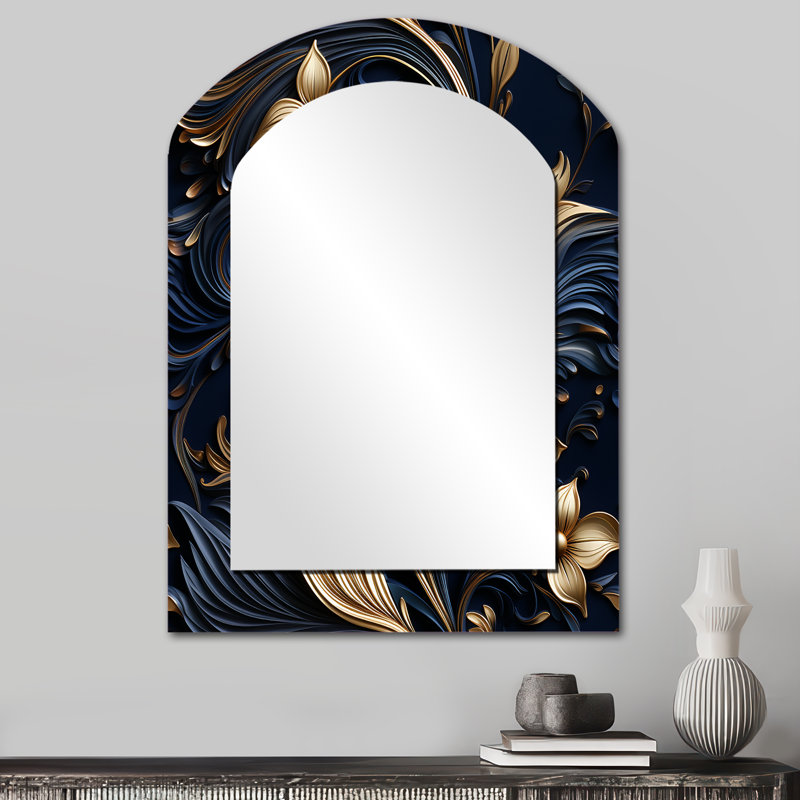 Opulent Allure Deep Navy - miroir mural unique en forme d'arche damassé, miroir asymétrique bohème, impression d'art en métal