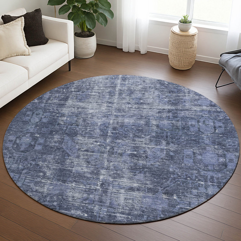 Machine Washable Indoor/Outdoor Christain ACN1228 Navy Rug, Round 8'