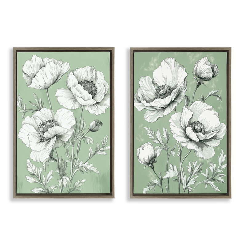 Ensemble de cadres flottants vintage vert coquelicot 2 pièces par Petal Prints Design, H 31 po x l 21 po
