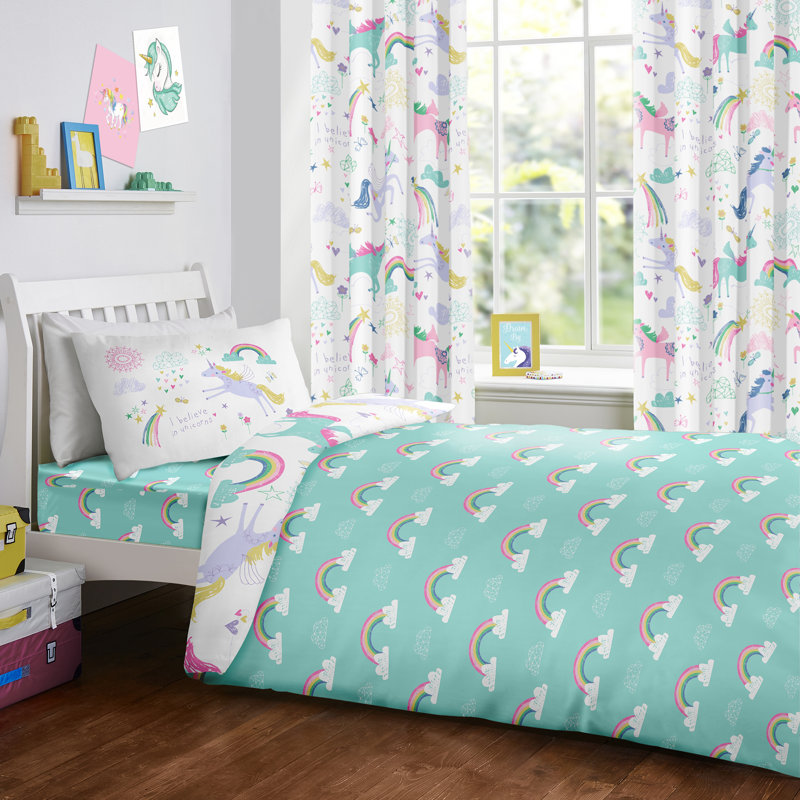 Rainbow Unicorn Aqua Blue/White/Pink 132 TC Reversible Duvet Cover Set, Single Duvet Cover + 1 Standard Pillowcase