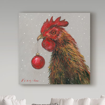Art mural sur toile tendue - Art mural «Rooster With Red Xmas Ball» par Mary Miller Veazie pour le salon, la chambre à coucher ou le bureau - 35 x 35