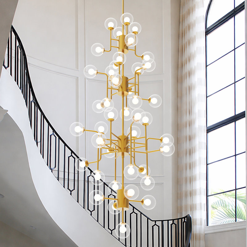 Grand lustre d'escalier moderne en verre 44 lumières (hauteur totale 8,2 pi)