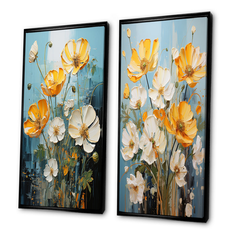 Yellow And White Buttercups Neon Sunshine - Buttercups Wall Art Living Room Set Of 2, 28" H x 25" W, Black Floater Framed