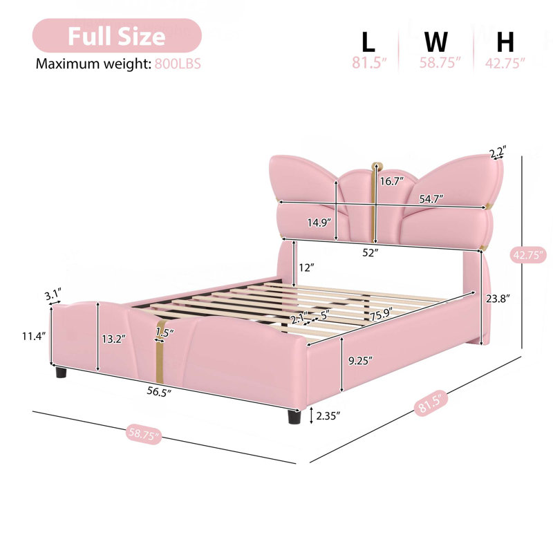 Structure de lit rembourrée en similicuir, avec tête et pied de lit en forme de papillon, structure de lit plateforme avec décorations en métal