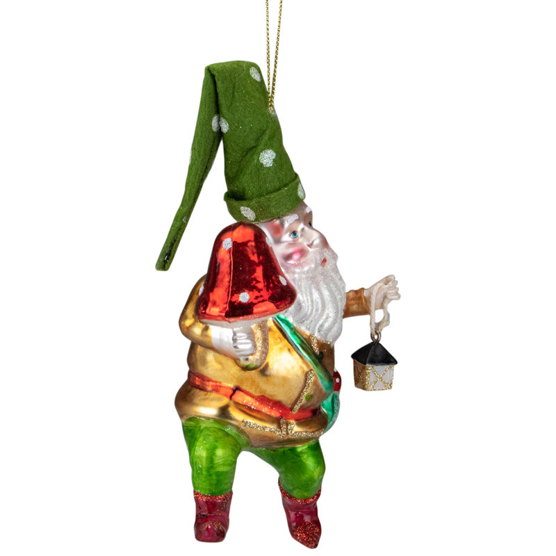 Ornement de Noël gnome vert et or 6 "avec lanterne et verre de champignon