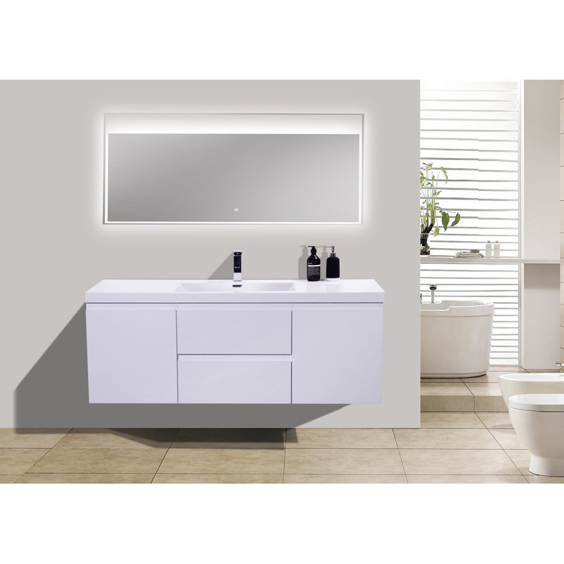 Base de meuble-lavabo simple 59 po mural seulement, Blanc très luisant