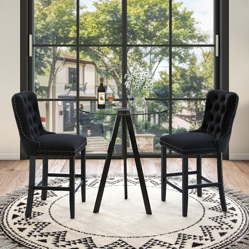 Tempered Glass Round Bar Table Set, Bar Height Set, Tempered Glass Round Dining Table And Height Bar Stools, Black, Black