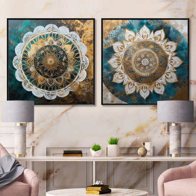 Mandala bleu sarcelle et doré - ensemble de 2 collages carrés boho mandala