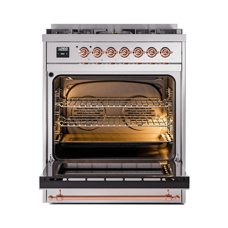ILVE Nostalgie II Noblesse 30 in Dual Fuel Range, Stainless Steel/Copper, Liquid Propane