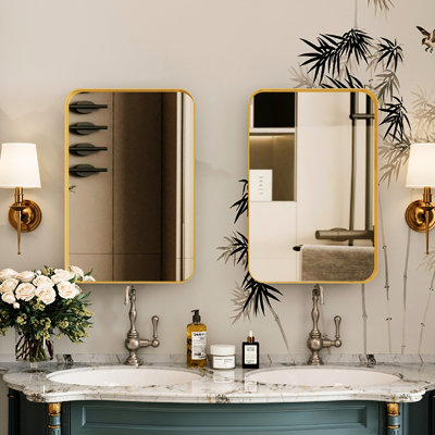 Armoire de rangement de salle de bain encastrée en métal 16 po x 24 po avec miroir et tablettes réglables, finition or mat, brouillard, corrosion, anti-corrosion, décor robuste, pour
