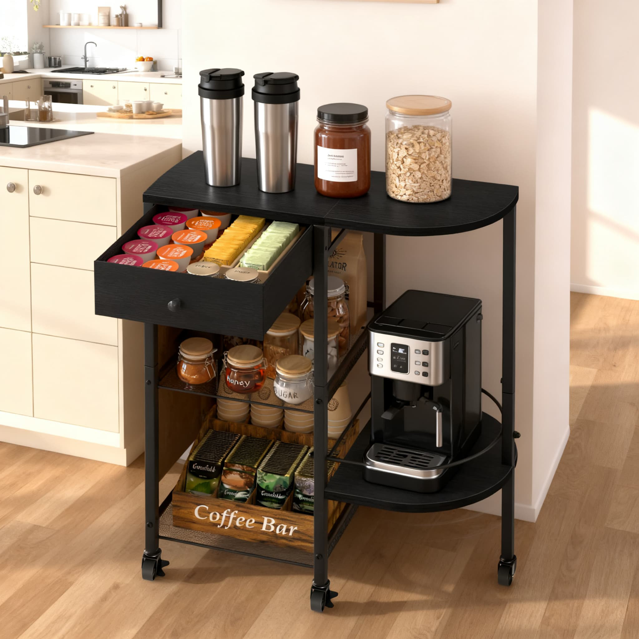 caimen Mobile Coffee Bar Cart With Storage Drawer, Large Countertop ...