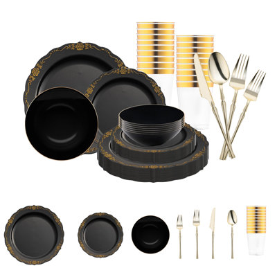 Service de table jetable vintage noir et or en plastique - 120 couverts