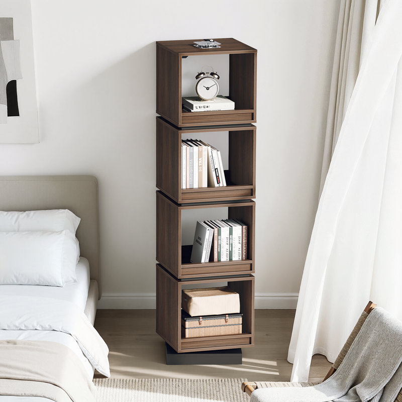 Adonia 360° Rotating Bookshelf Tower, 4Tier Walnut Corner Bookshelf , Narrow Space-Saving Design For Bedroom, Living Room, Home, Office