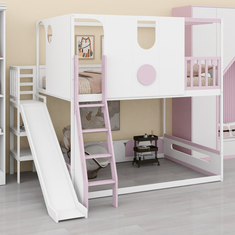 Lit mezzanine pour enfants avec glissade et aire de jeux inférieure polyvalente délimitée par des garde-corps, Full