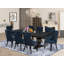 L'ensemble de table de cuisine 9 pièces comprend une table rectangulaire et 8 chaises parsons en tissu en polyester bleu marine avec dossier capitonné à boutons - finition noir sablé.-1985368577-1988635298