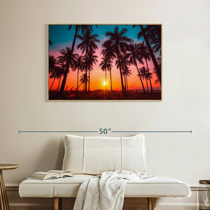 Silhouette coucher de soleil tropical, Cadre flottant en bois naturel, 40 po x 27 po