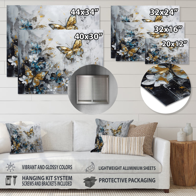 Ailes de papillon doré bleu et fleurs III sur impression métallique, H 34 po x l 44 po