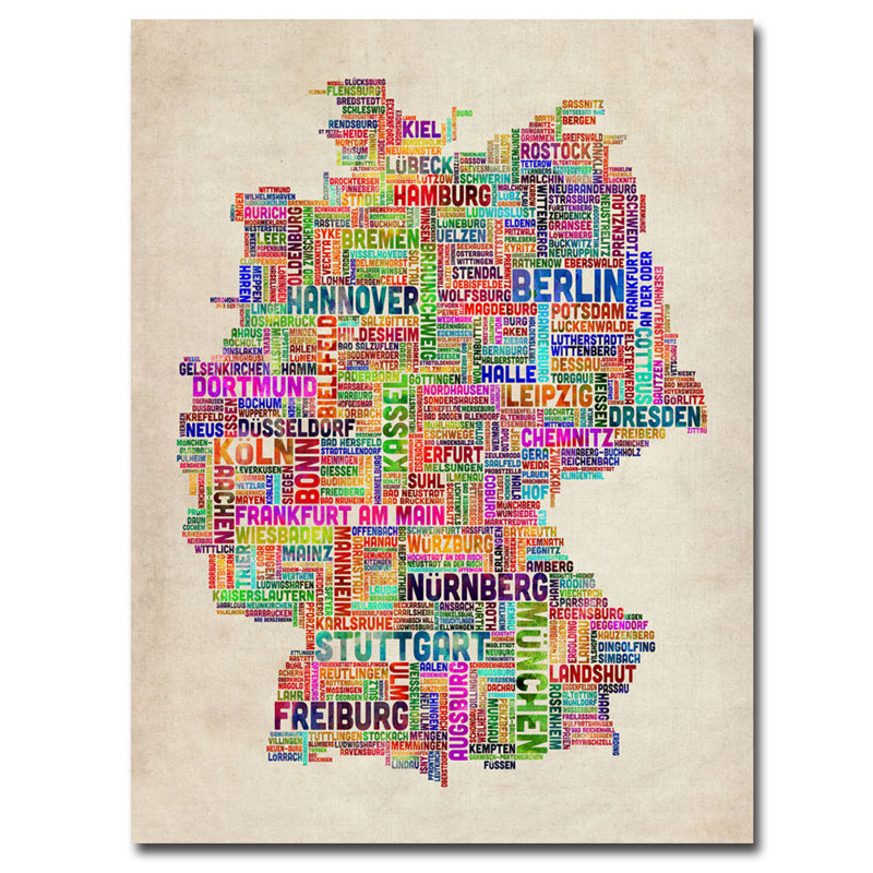 « germany text map » par michael tompsett, impression sur toile, H 24 po x l 18 po x P 2 po, Orange/Red