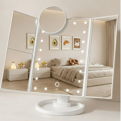 Miroir de courtoisie rectangulaire moderne à trois volets avec éclairage DEL et loupe, blanc