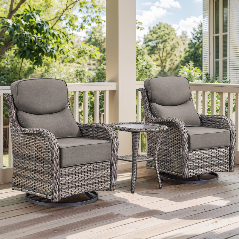 Wickes 3 Piece Patio Set Outdoor Wicker Glider Rocking And Swivel Chairs With Cushions, Gray, Gray