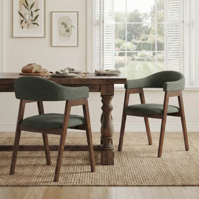 Chaise rembourrée de style Mid-Century avec dossier courbé et pieds en bois massif, Vert