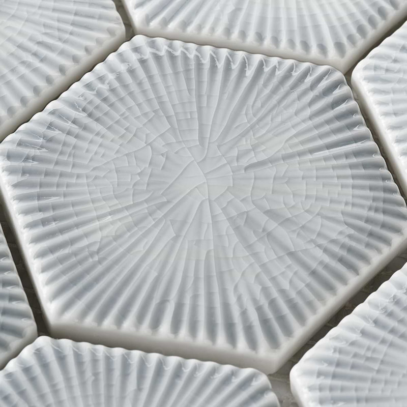 Nabi Hexagon 3" Crackled Glossy Glass Mosaic Tile, Arctic Blue