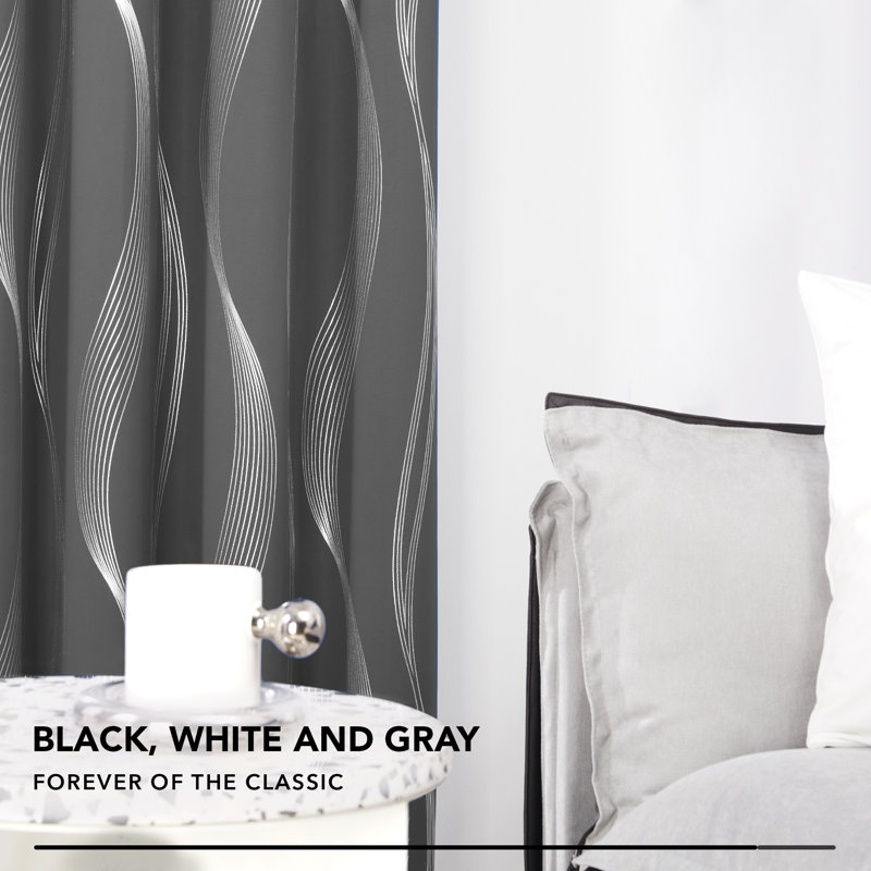 Spurgh Sliver Wave Foil Print Blackout Thermal Grommet Curtain Panels (Set of 2), 42" W x 54" L, Dark Gray