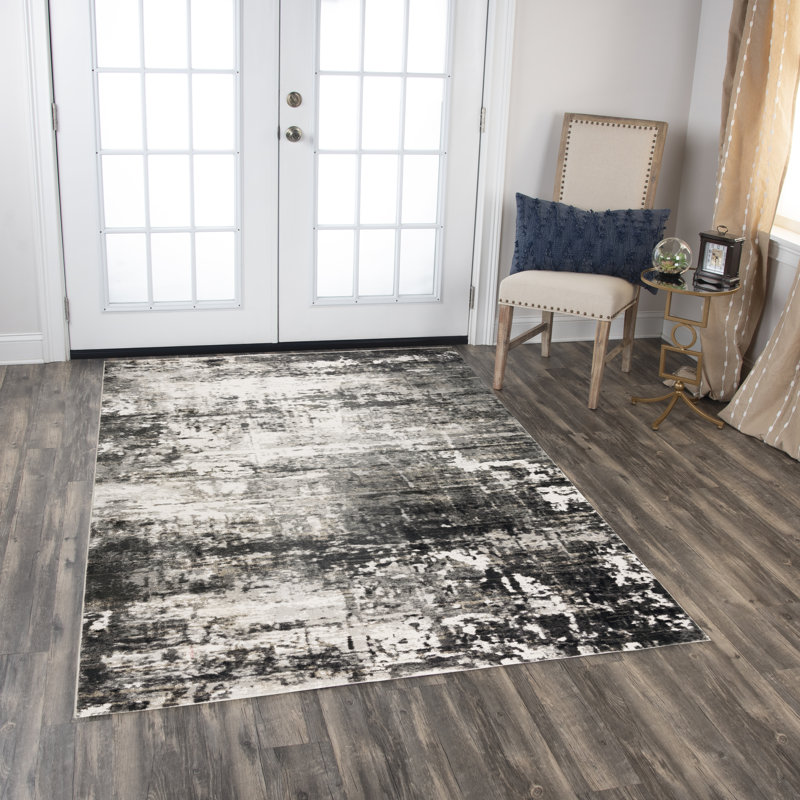 Tapis rectangulaire rectangulaire en polyester tissé à la machine ivoire / gris, Rectangle 8 pi 10 po x 11 pi 10 po