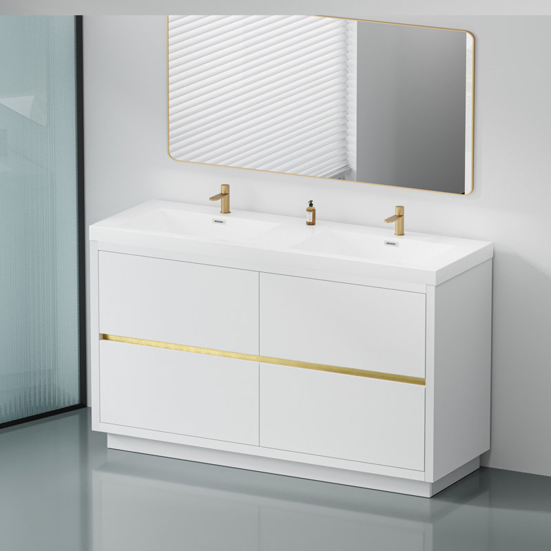 Meuble-lavabo autoportant avec lavabos doubles, Blanc lustré
