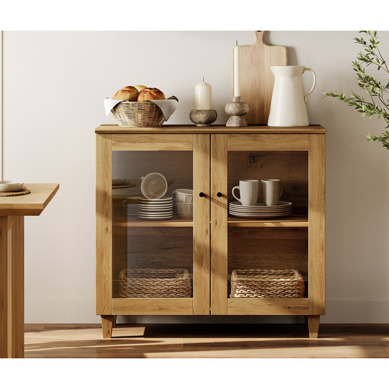 35" Small Sideboard Buffet Cabinet With Glass Doors, Modern Wood Kitchen Credenza Storage Cabinet With Adjustable Shelf For Living Room, Dining Room