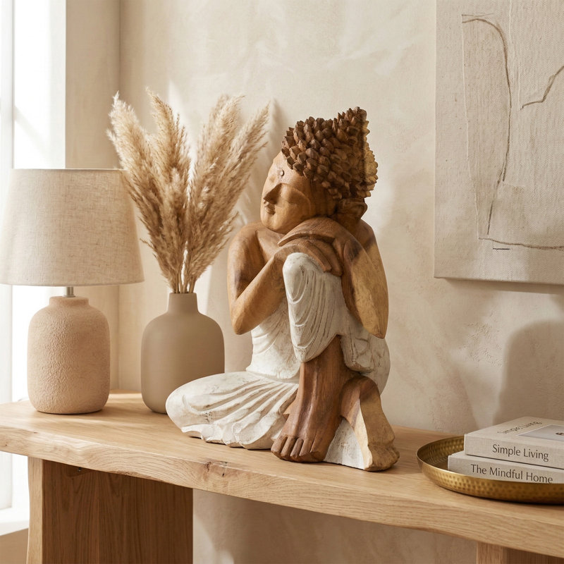 Sculpture en bois de Bouddha endormi à la main, sculpture délavée zen, H 12 po x l 10 po x P 5,5 po