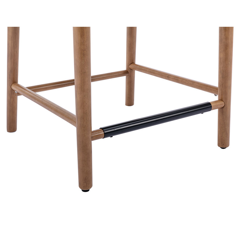 Beige Wood Counter Stools with Rattan Backrests, Set of 2
