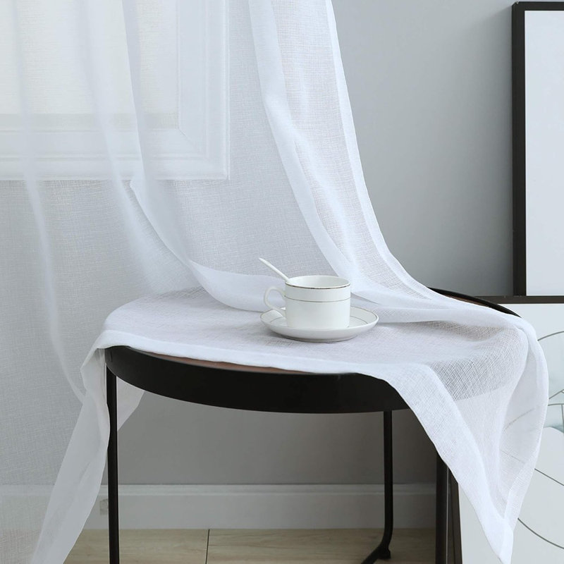 Rideaux transparents en faux lin blanc - 2 panneaux à œillets, voile filtrant la lumière, Blanc, L 52 po x L 96 po