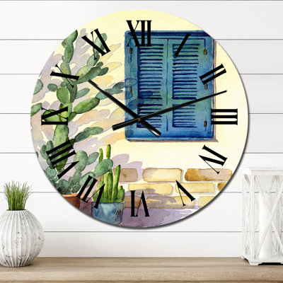 House Facade with A Window with Turquoise Shutters - Vintage Wall Clock