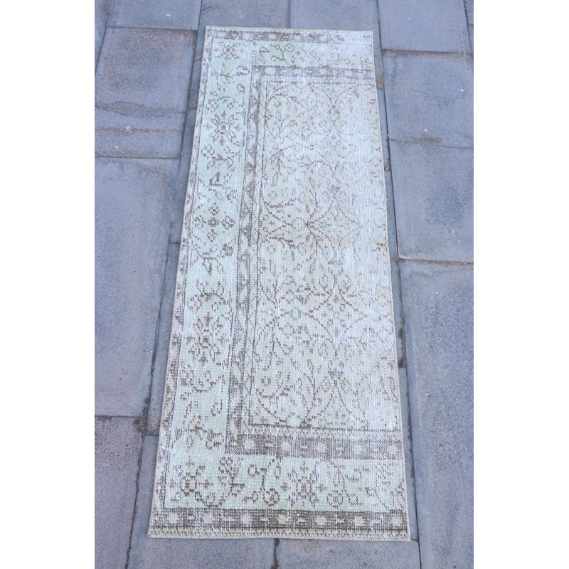 Authentic Vintage Green Turkish Wool Runner Rug Ideal for Entryways