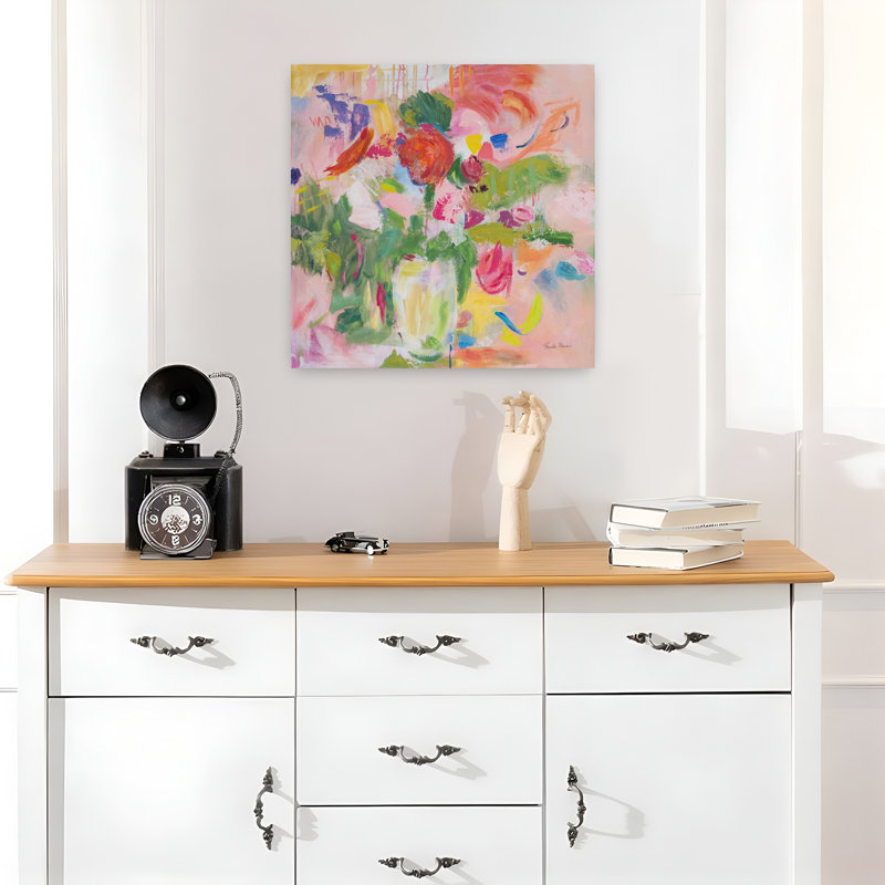Impressionnisme contemporain rose avec art abstrait bleu, H 18 po x l 18 po