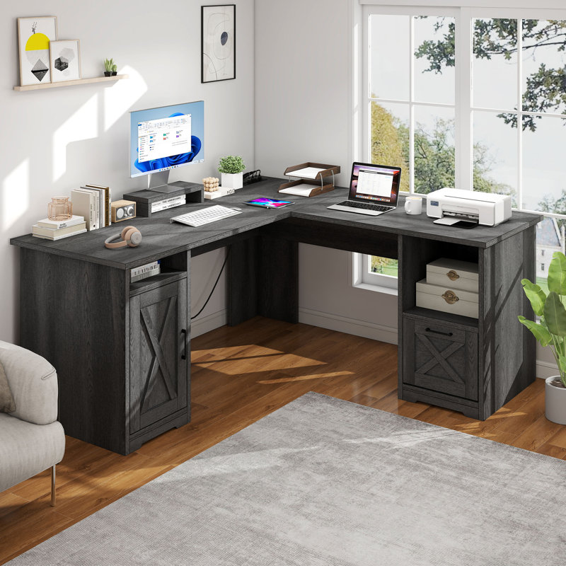 Draco 59" L Shaped Desk with Power Outlets &  File Drawer, Gray
