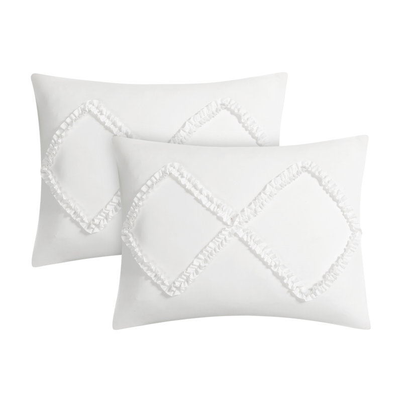 Diamond Ruffle Reversible Microfiber Comforter Set, Queen Comforter + 2 Standard Shams, White
