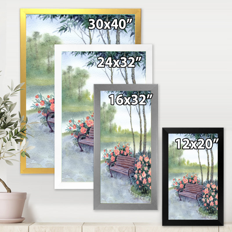 «Bench in Park» par les Pions Bushes - peinture sur toile, Toile encadrée d'or, H 40 po x l 30 po x 1,5 po