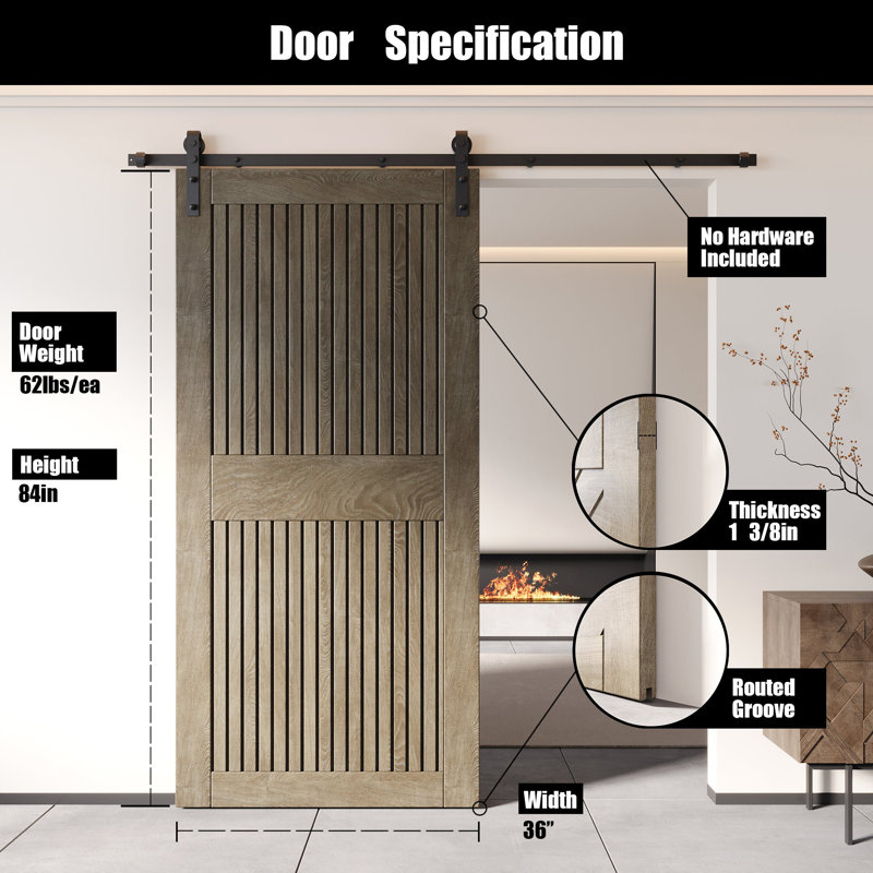 Porte de grange en bois de pin à rayures verticales Homacer, 36 po x 84 po