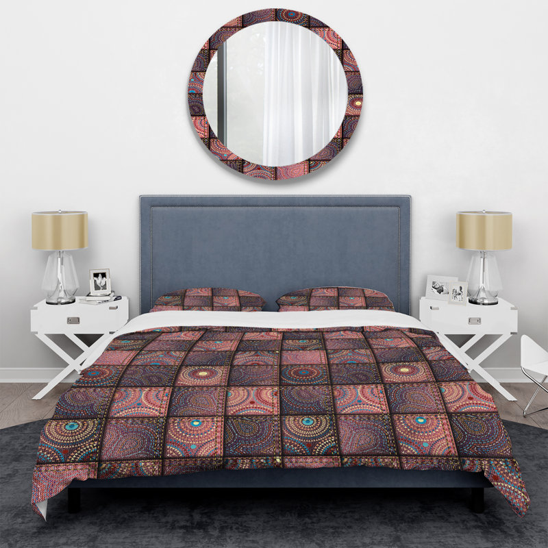 Brown Indian Patchwork Polyester Patchwork Duvet Cover, King Duvet Cover + 2 King Shams