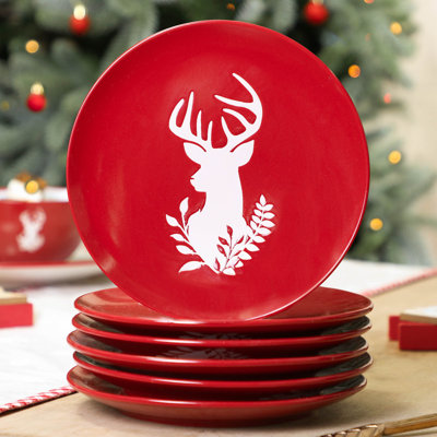 Set Of 6 Red Stag Christmas Side Plates